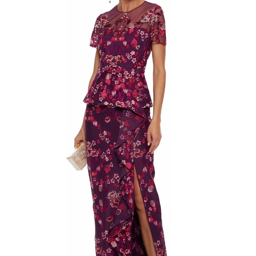 Marchesa Notte Tulle-paneled Ruffled Embroidered cady gown